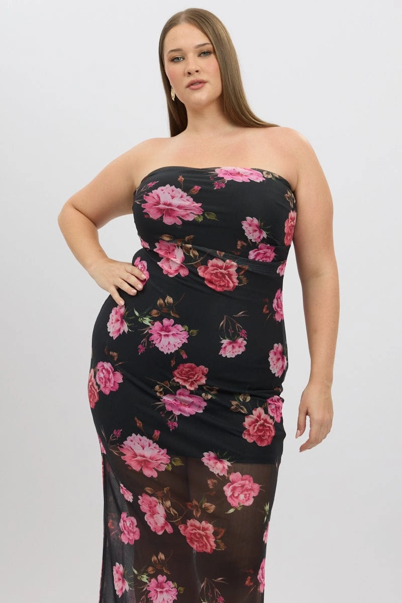 Black Floral Mesh Strapless Bodycon Dress Smart Waistband Fit