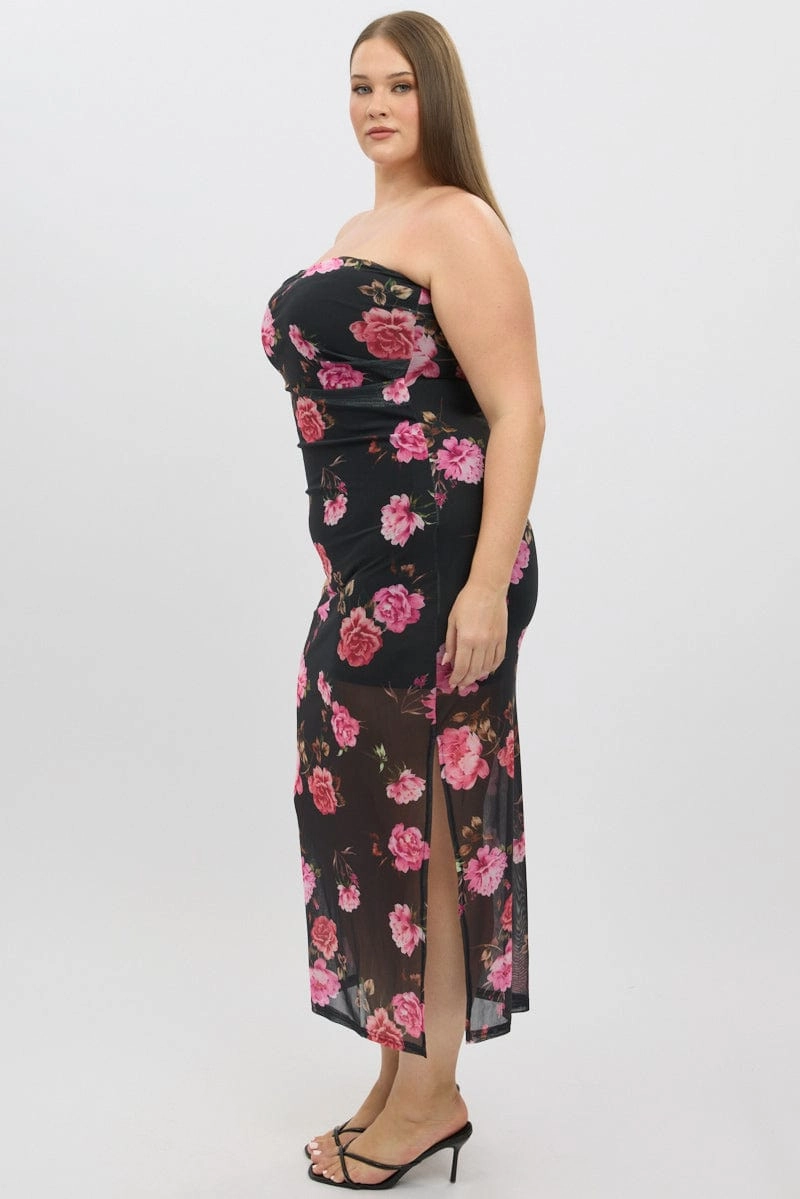 Black Floral Mesh Strapless Bodycon Dress Hot Now Empire-Waist