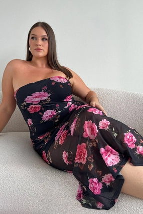 Refined Simplicity Chilly Day Wear Black Floral Mesh Strapless Bodycon Dress