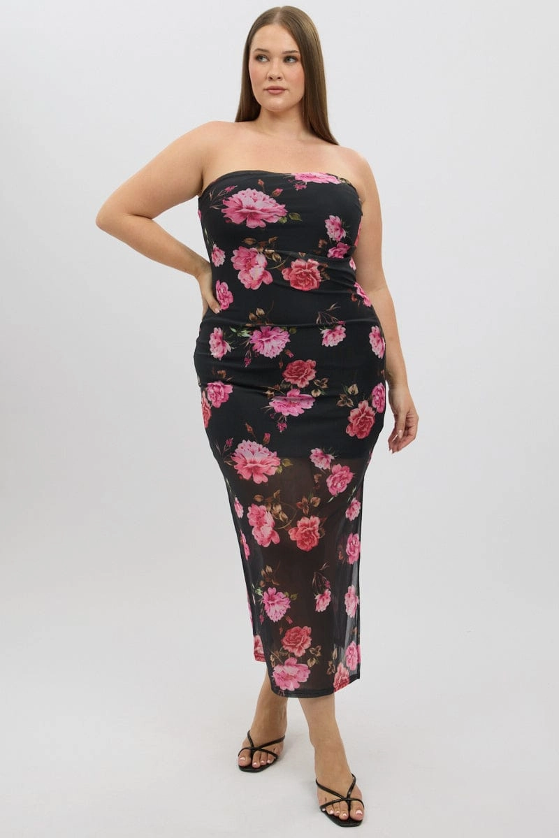 Black Floral Mesh Strapless Bodycon Dress Quilted-Lining