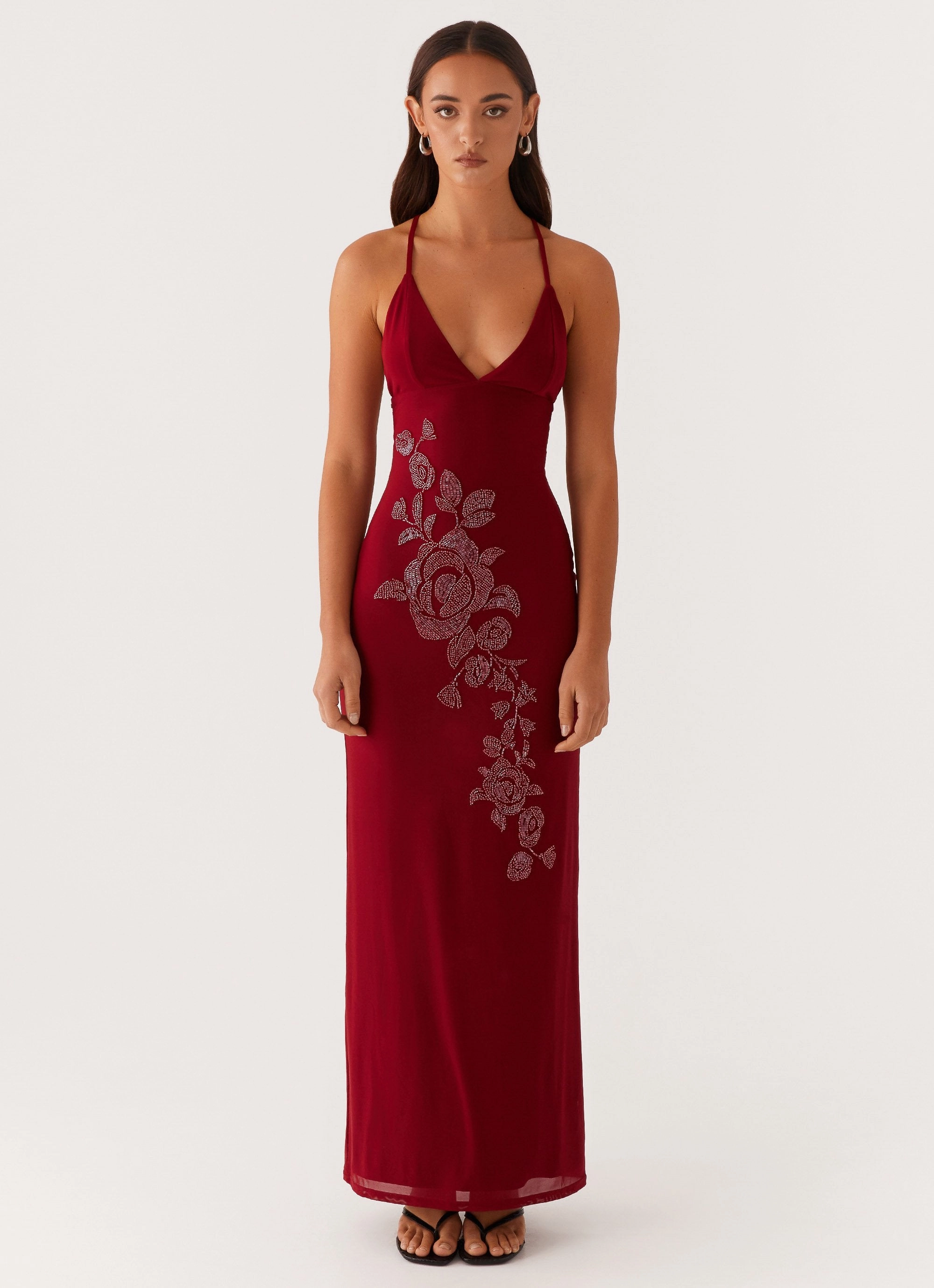 Beki Beaded Mesh Maxi Dress - Deep Red Relaxed-fit gown Everyday-Comfort