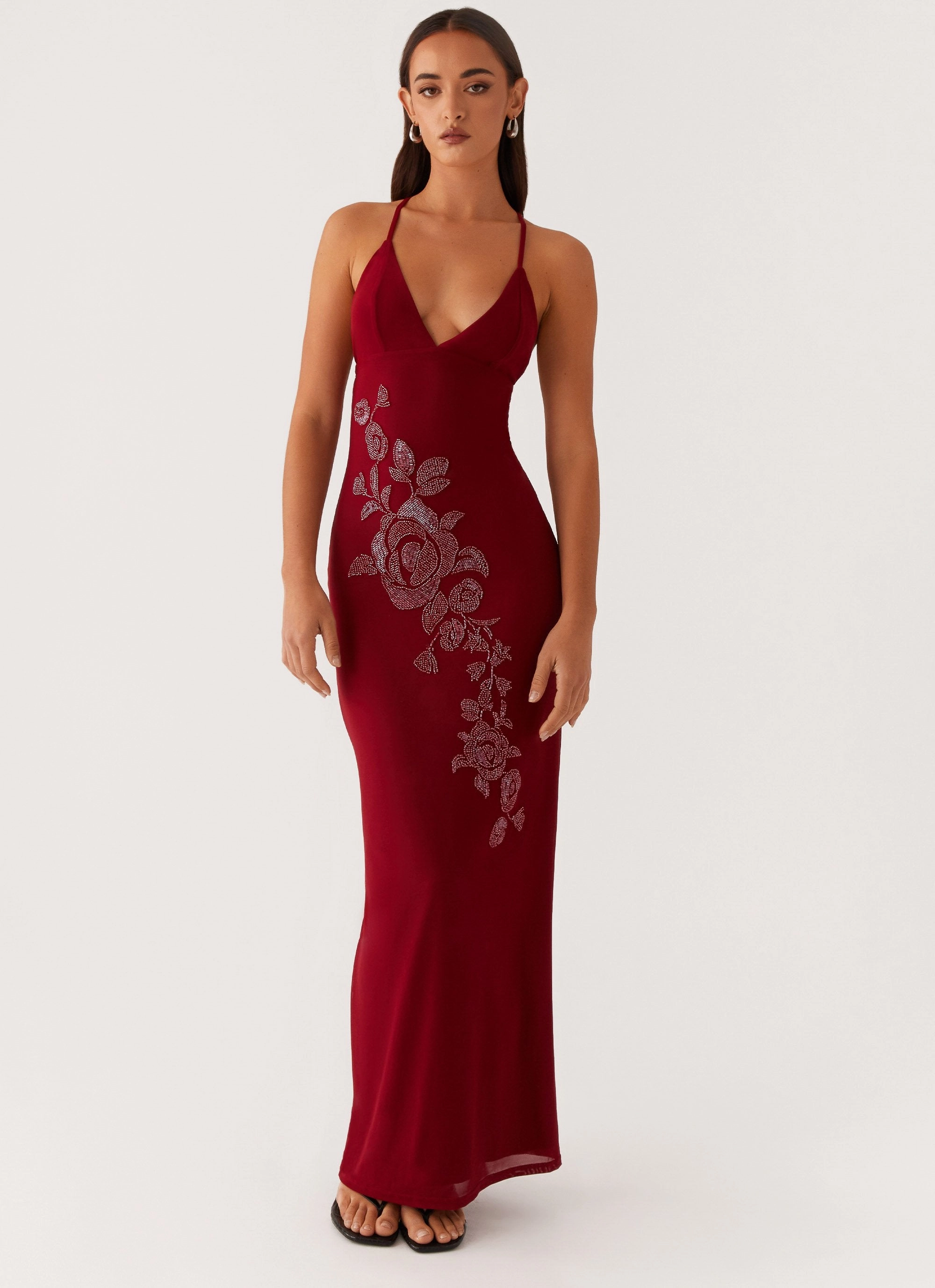 Trend Movement Lounge Outfit Beki Beaded Mesh Maxi Dress - Deep Red