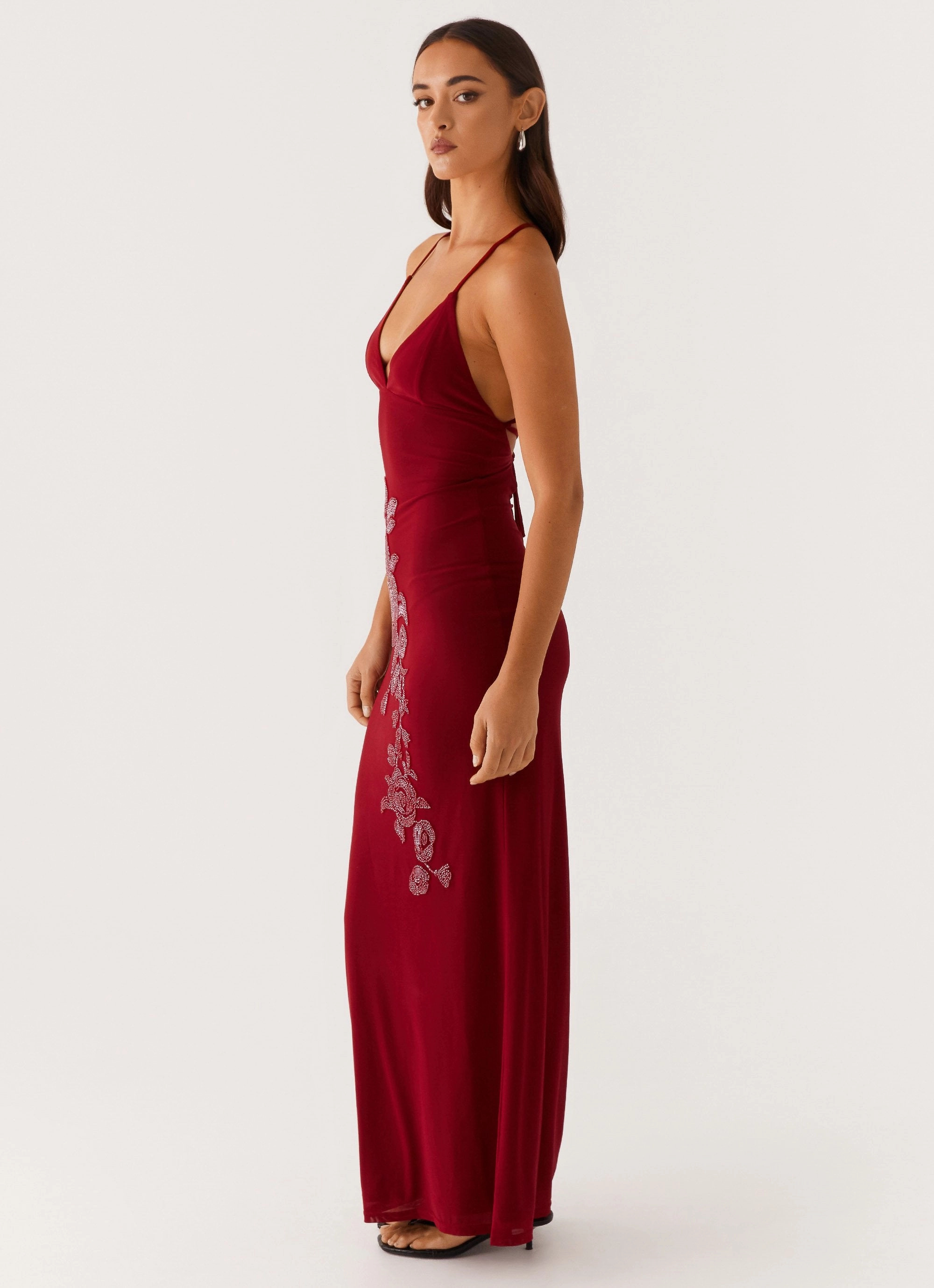 Beki Beaded Mesh Maxi Dress - Deep Red Crystal-Detail