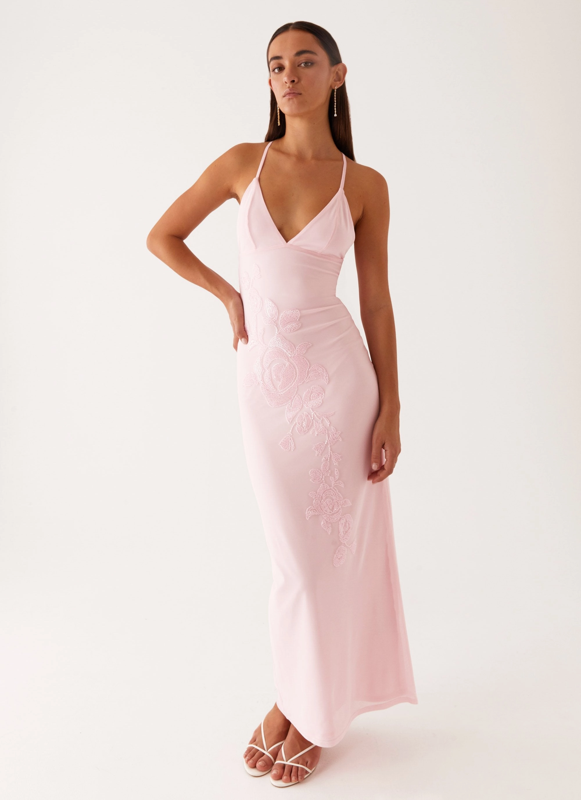 Classic sheath dress Beki Beaded Mesh Maxi Dress - Pink