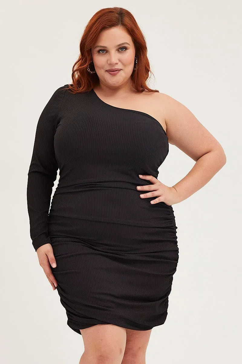 Matte-Lining Black Bodycon Dress One Shoulder Long Sleeve Jersey