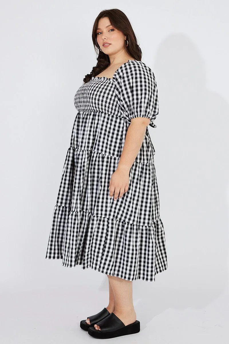 Knit Warm Floor-Length Black Check Midi Dress Short Sleeve Shirred Tie Back