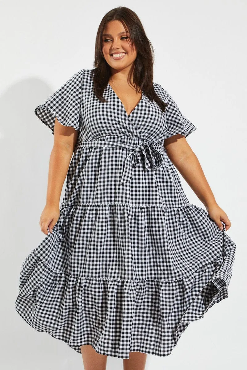 Refined Simplicity Black Check Midi Dress Short Sleeve Wrap Front Self Tie
