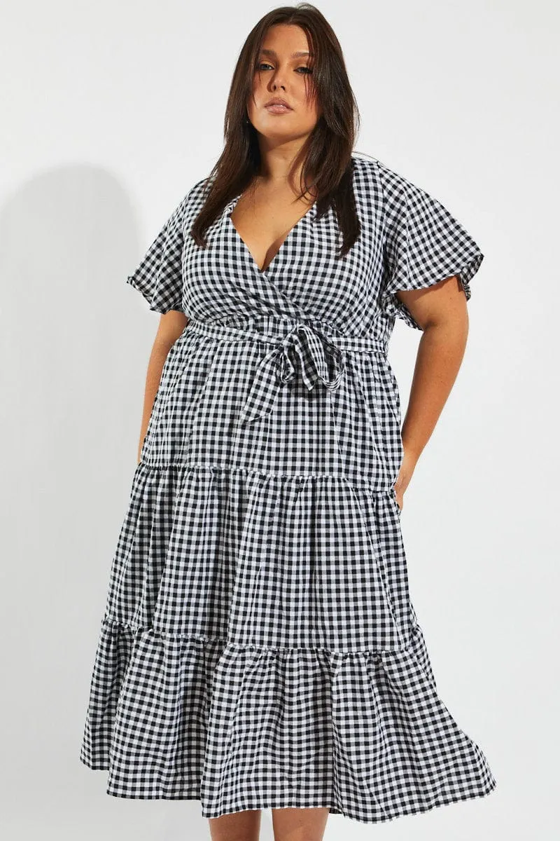 Black Check Midi Dress Short Sleeve Wrap Front Self Tie Front Ruffle