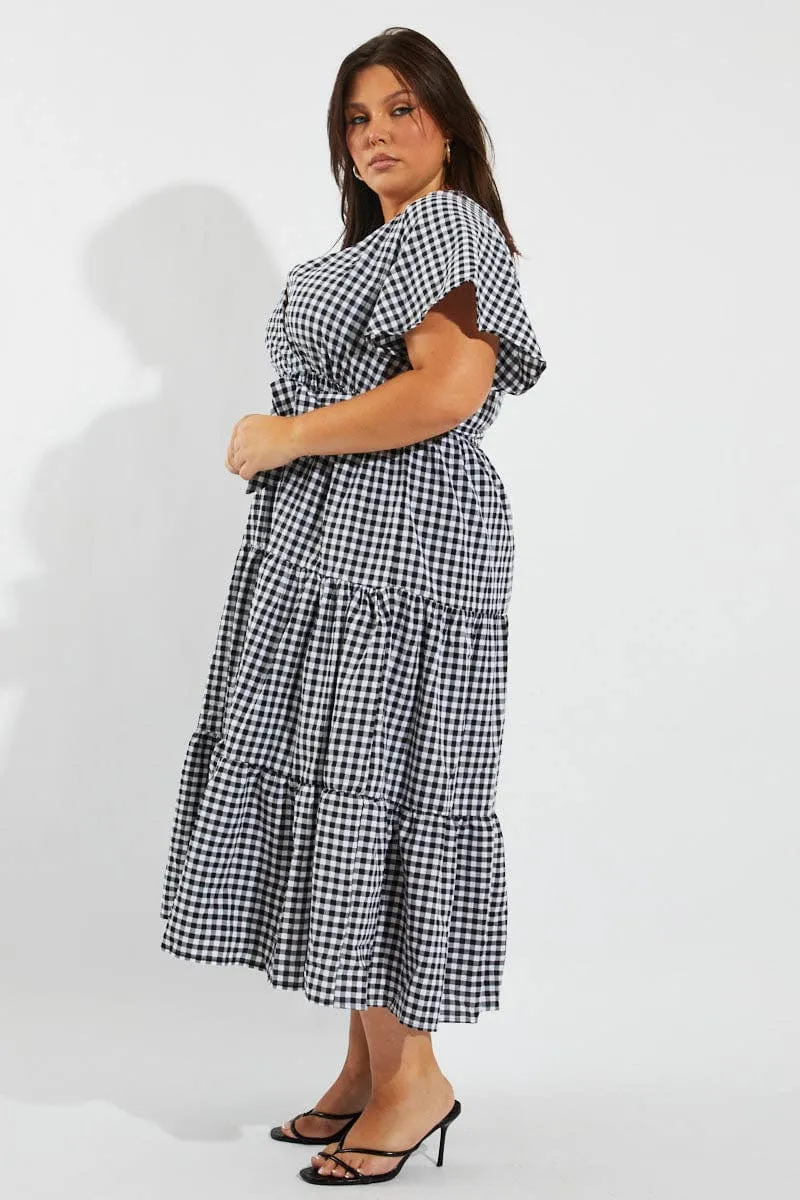 Velvet-Sleeve Smart Layering Black Check Midi Dress Short Sleeve Wrap Front Self Tie