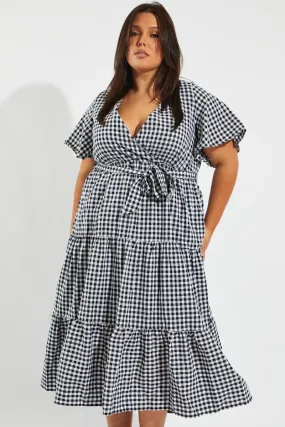 Black Check Midi Dress Short Sleeve Wrap Front Self Tie Front Ruffle