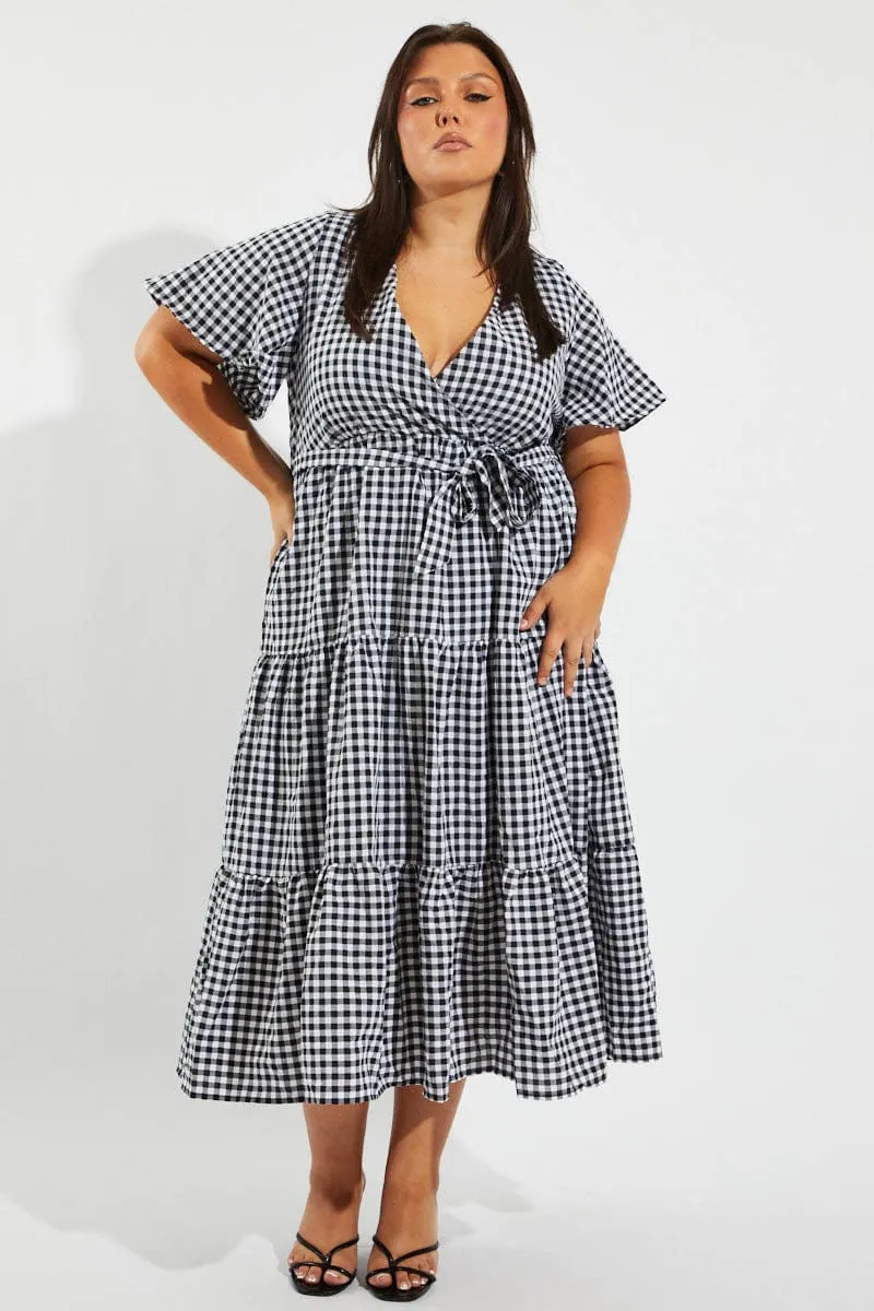 Black Check Midi Dress Short Sleeve Wrap Front Self Tie Relaxed fit wear