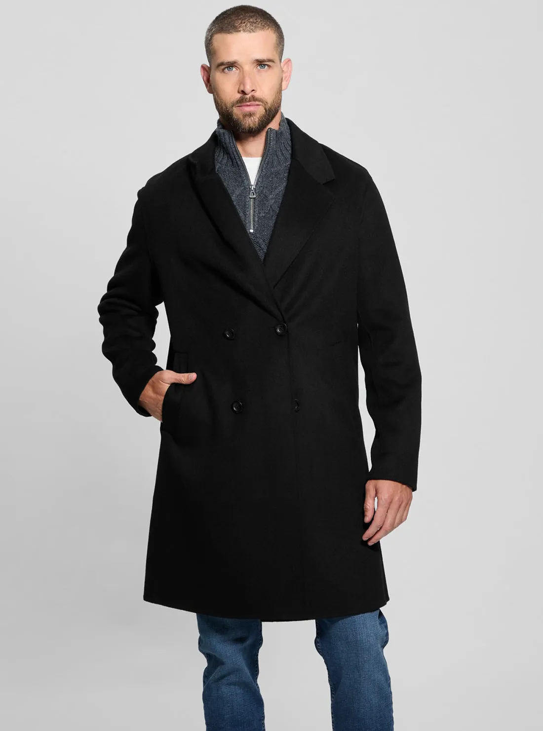 Black Double Breasted Coat Ergonomic Seams Wind Resistant Fabric