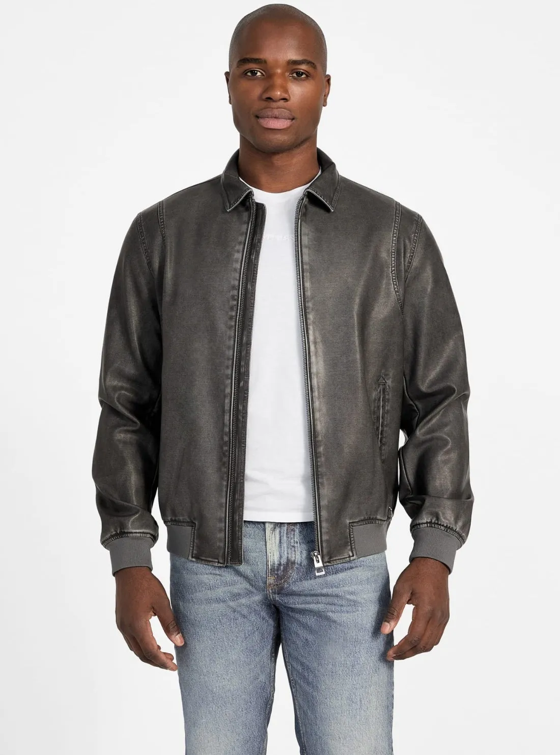 Black Faux-Leather Aviator Bomber Jacket Hidden Ventilation Zones