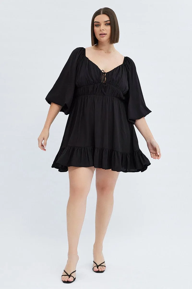 Office Classic Evening Classic Black Fit And Flare Dress 3/4 Sleeve Tiered Cut Out