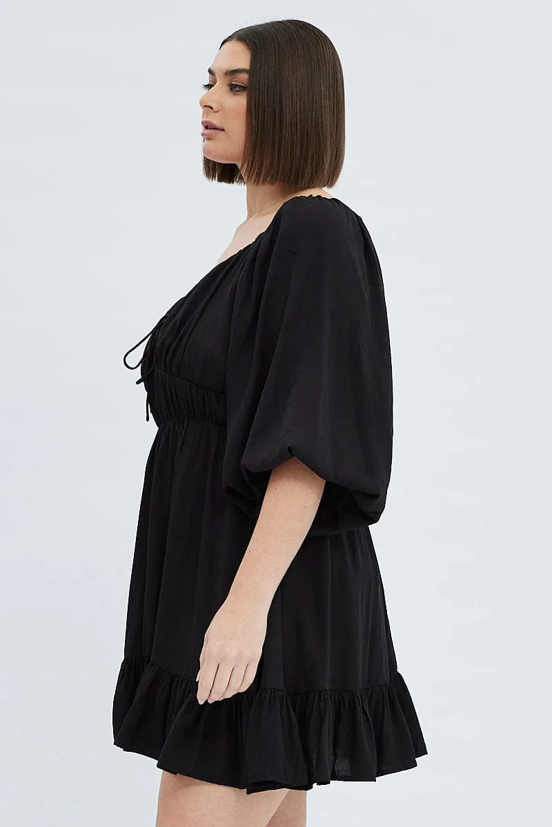 Black Fit And Flare Dress 3/4 Sleeve Tiered Cut Out Soft touch evening dress