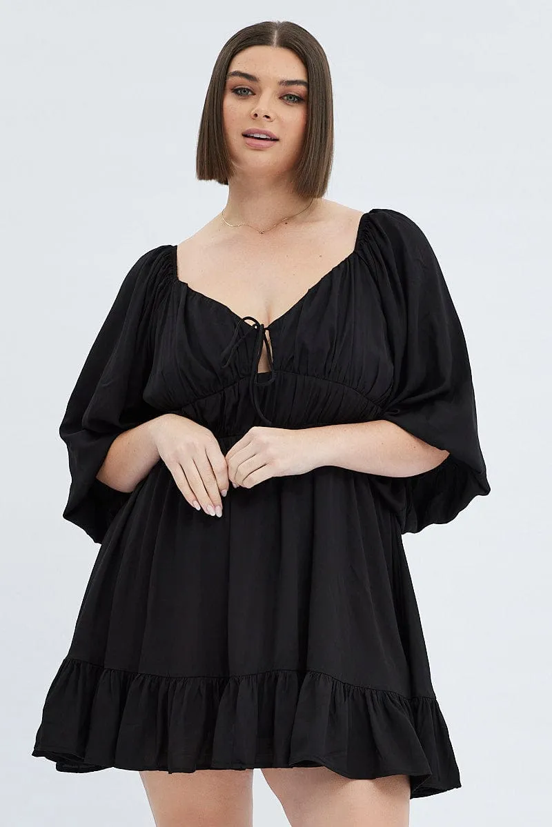 Black Fit And Flare Dress 3/4 Sleeve Tiered Cut Out Work Vibe