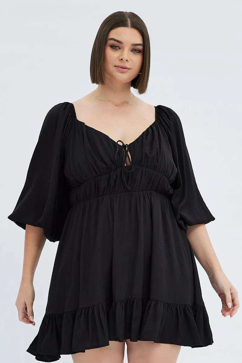 Black Fit And Flare Dress 3/4 Sleeve Tiered Cut Out Wedding guest