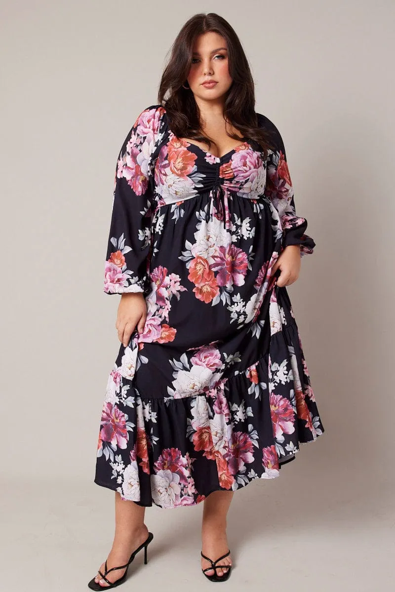 Light Wrap Black Floral Midi Dress Long Sleeve Ruched Bust