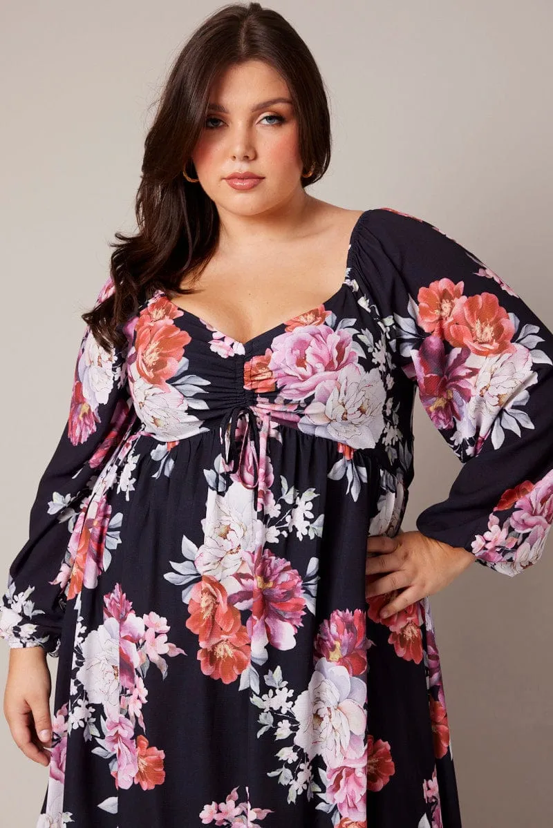 Satin-Sleeve Black Floral Midi Dress Long Sleeve Ruched Bust