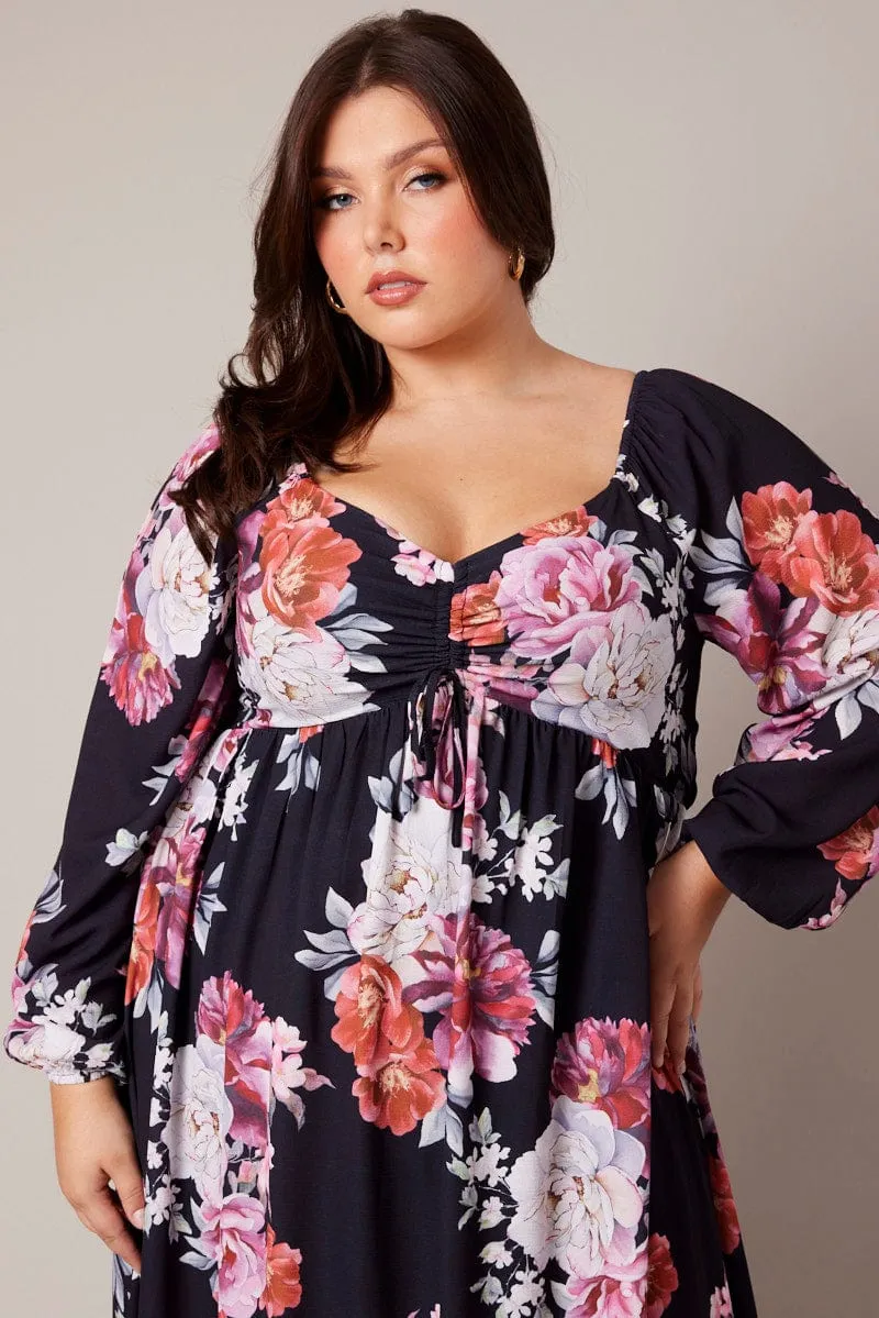 Black Floral Midi Dress Long Sleeve Ruched Bust Cafe Vibe Evening Ready