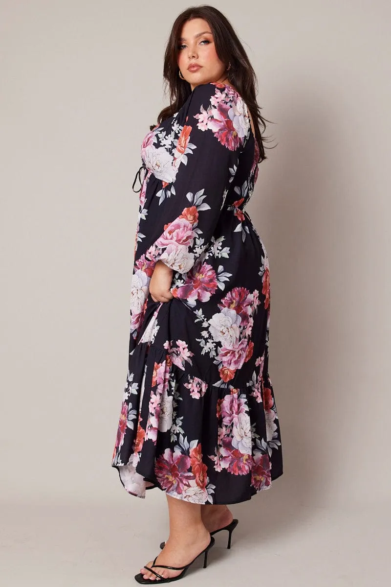 Black Floral Midi Dress Long Sleeve Ruched Bust Chic casual Event Safe
