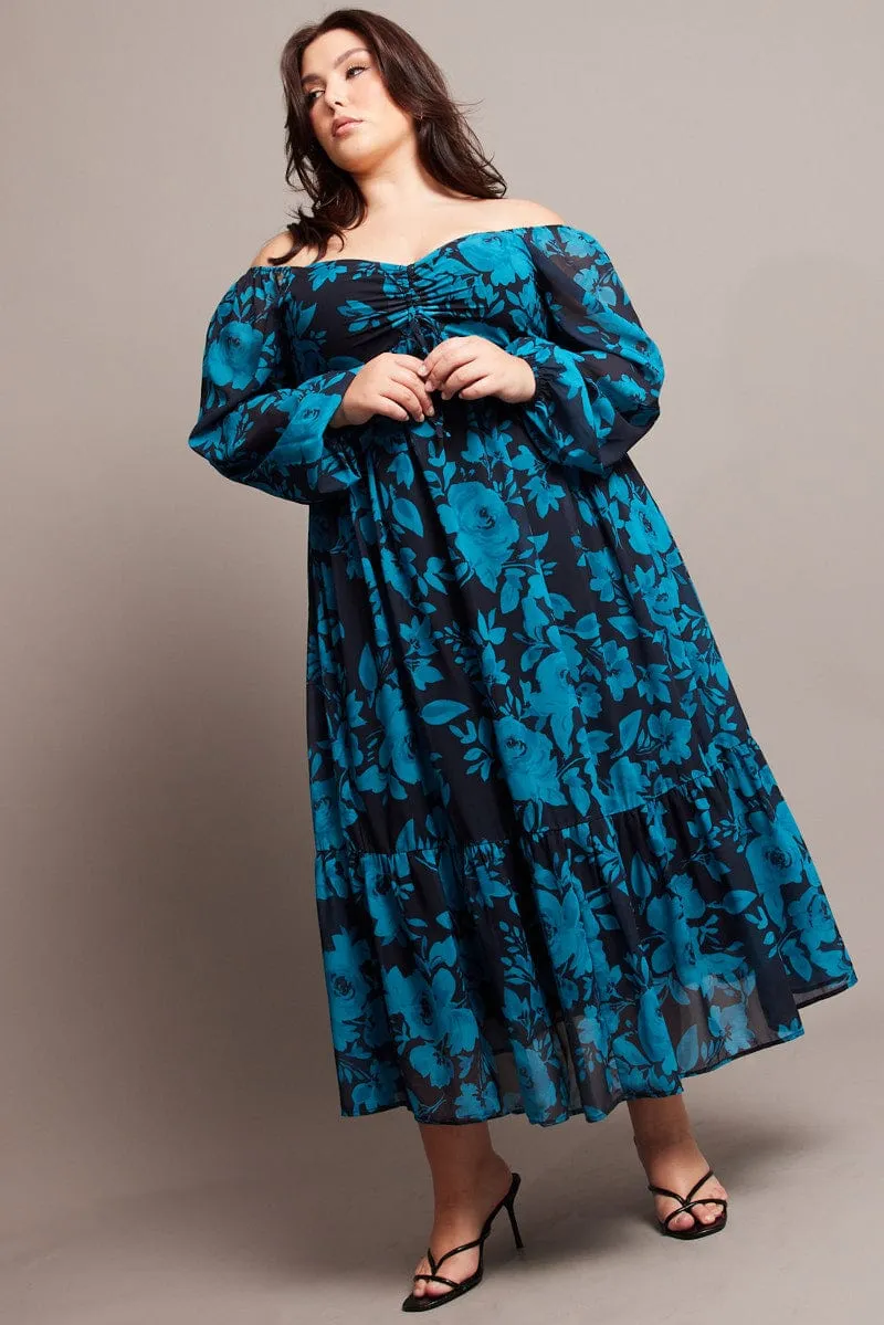 Easy Lovely Brunch Tone Black Floral Midi Dress Long Sleeve Ruched Front