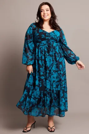 Playful and flirty dress Grace Color Black Floral Midi Dress Long Sleeve Ruched Front