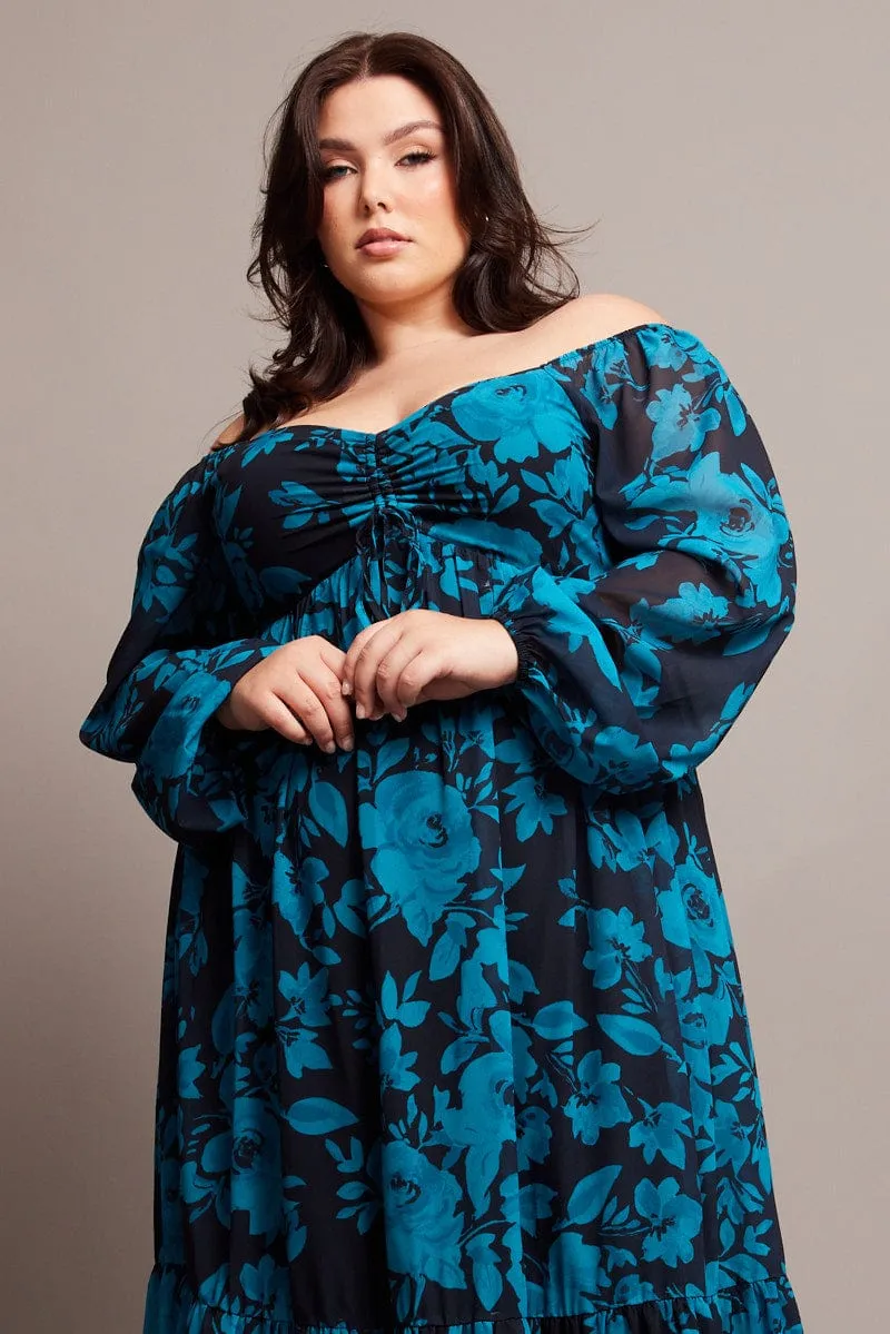 Artisanal-Detail Black Floral Midi Dress Long Sleeve Ruched Front