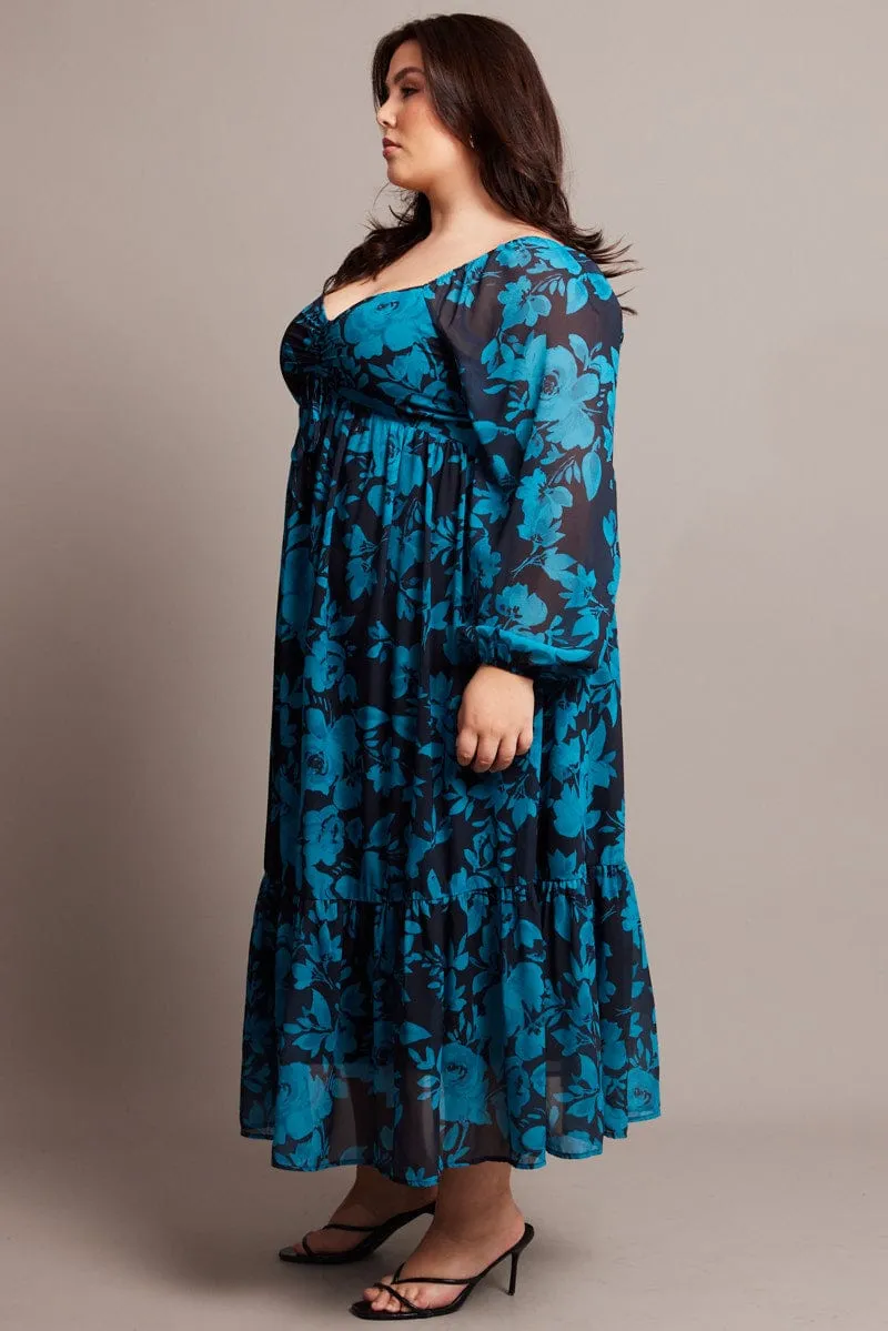 Fitted Design Sophisticated Style Black Floral Midi Dress Long Sleeve Ruched Front