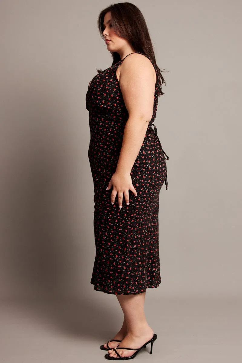 Black Floral Midi Dress Sleeveless V-neck Comfortable Layer Back-Zip