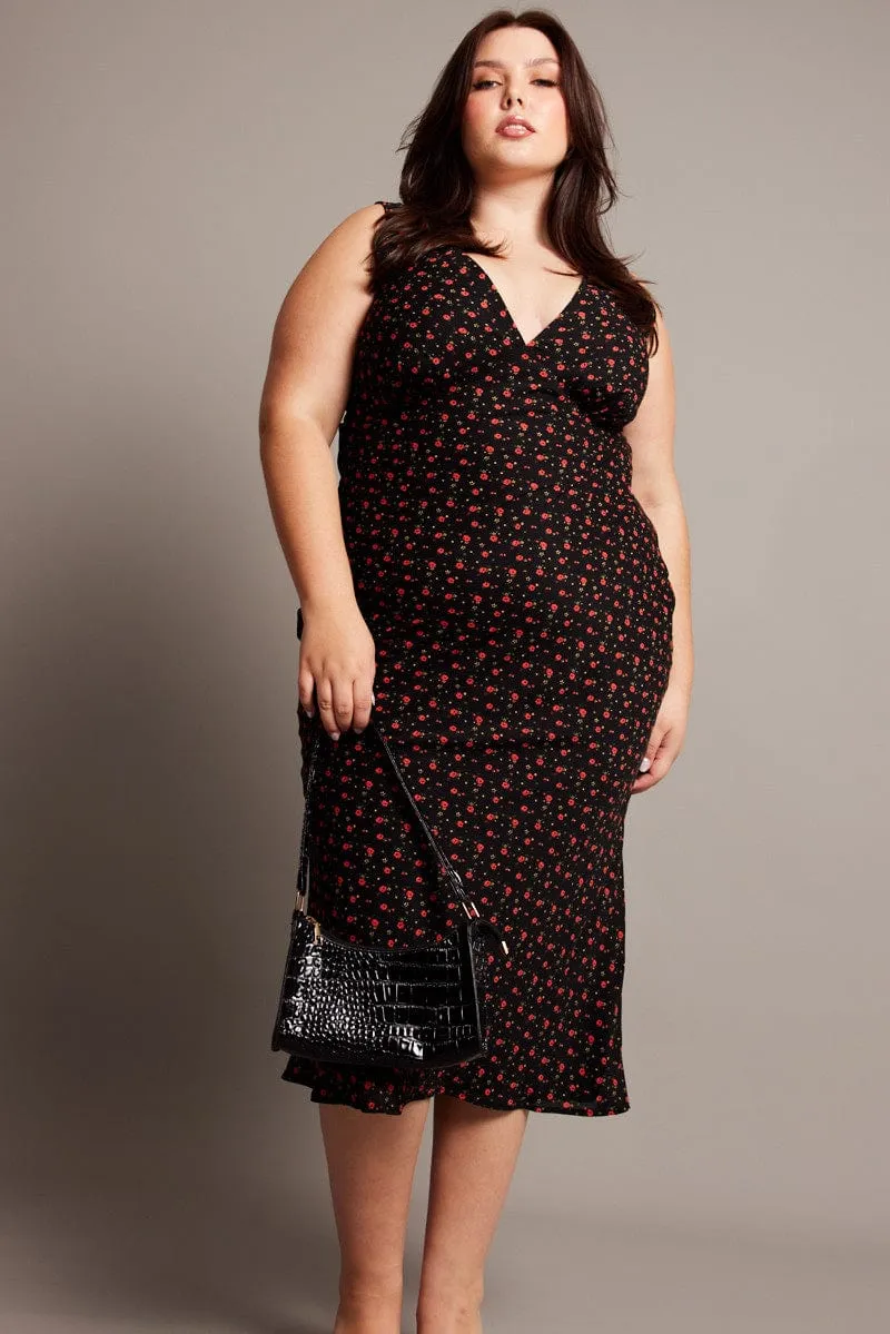 Black Floral Midi Dress Sleeveless V-neck Textured Flow