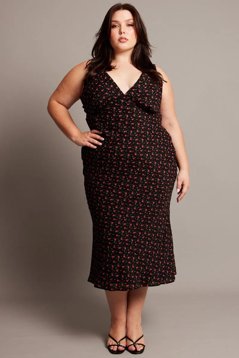 Black Floral Midi Dress Sleeveless V-neck Airy Feel Anti-Static-Finish