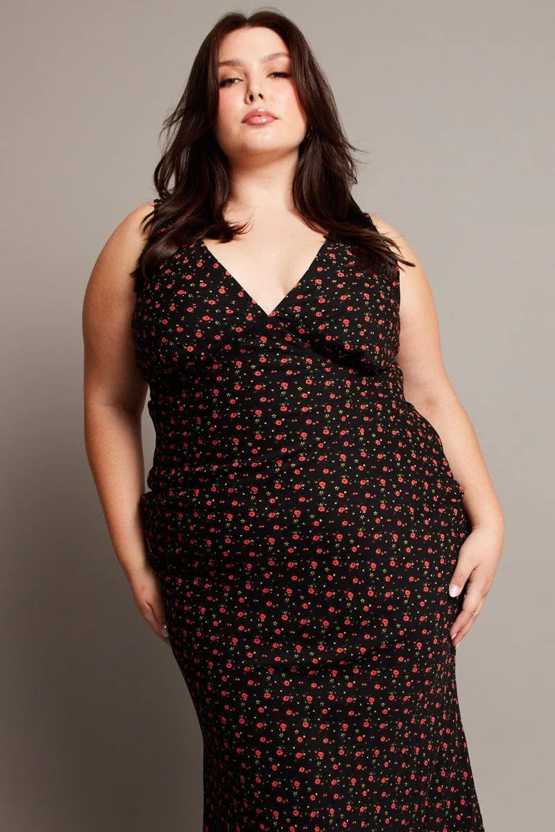 Classic Mood Black Floral Midi Dress Sleeveless V-neck