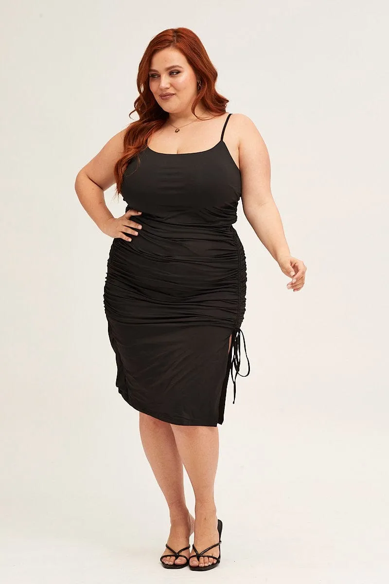 Flowy casual dress Black Jersey Sleeveless Ruched Bodycon Midi Dress