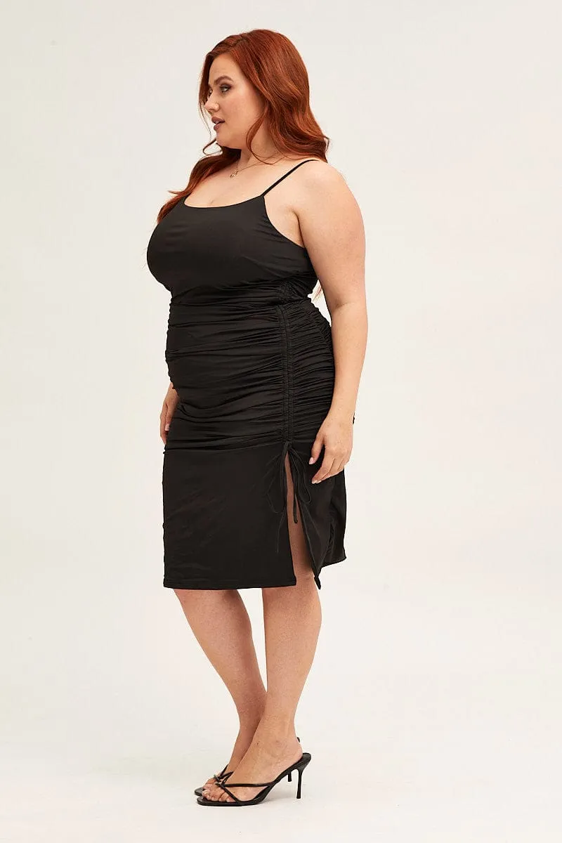 Black Jersey Sleeveless Ruched Bodycon Midi Dress Fall Comfort Lightweight and Breezy