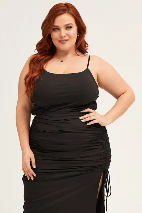 Black Jersey Sleeveless Ruched Bodycon Midi Dress Urban Feel Winter Classic