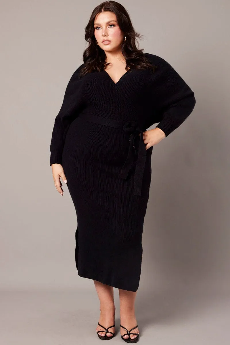 TemperatureRegulatingFabric Fall Mood Black Knit Midi Dress