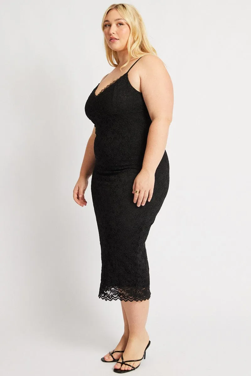 Quick Match Minimal Core Black Lace Bodycon Midi Dress