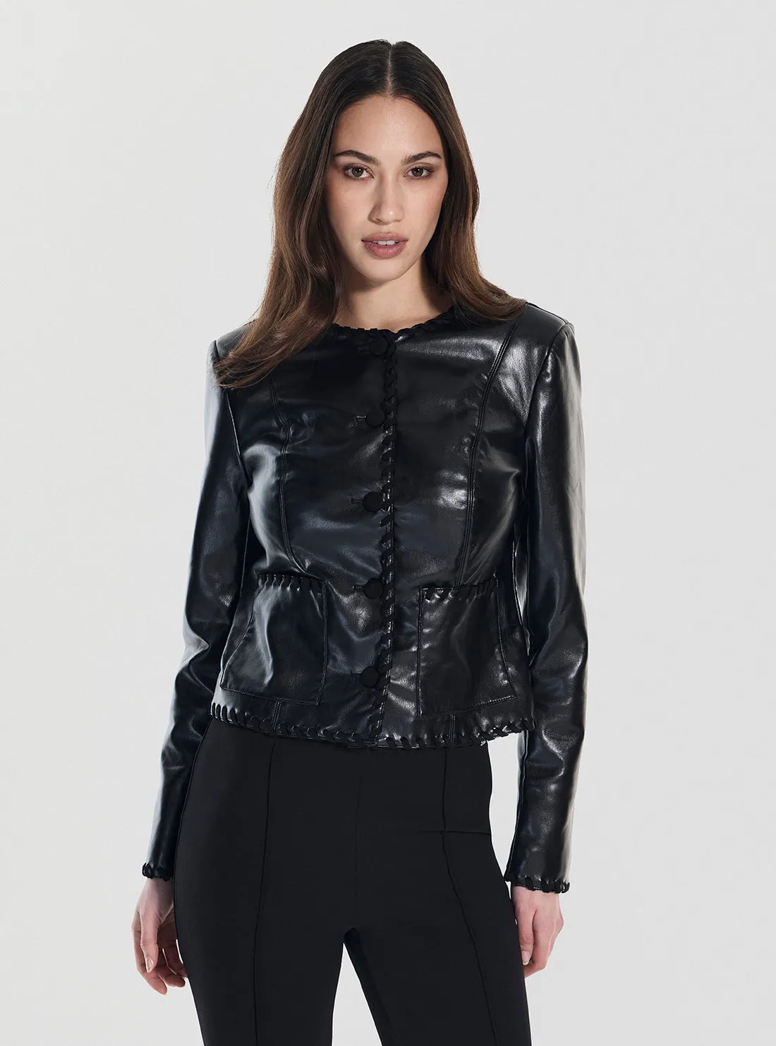 Midweight Layer ConvertibleCollar Black Leontine Faux Saffiano Leather Jacket