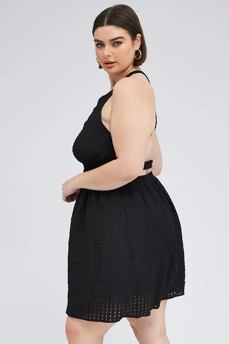 Black Midi Dress Elastic Strappy Back Sleek Draping