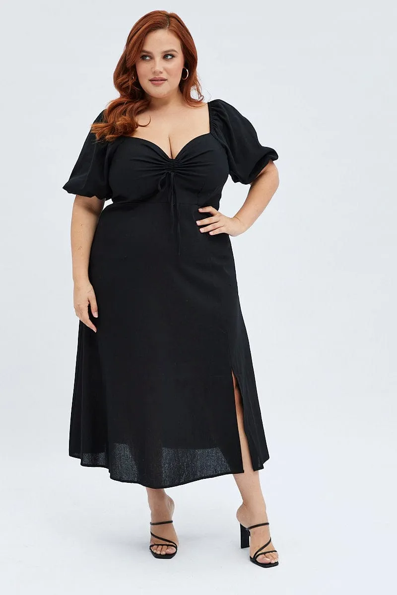 Black Midi Dress Fitted Drawstring Front Puff Sleeve EcoFriendlyDye Smile Feel