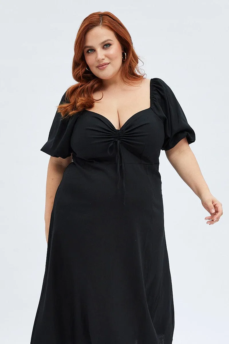 Polished office dress Black Midi Dress Fitted Drawstring Front Puff Sleeve