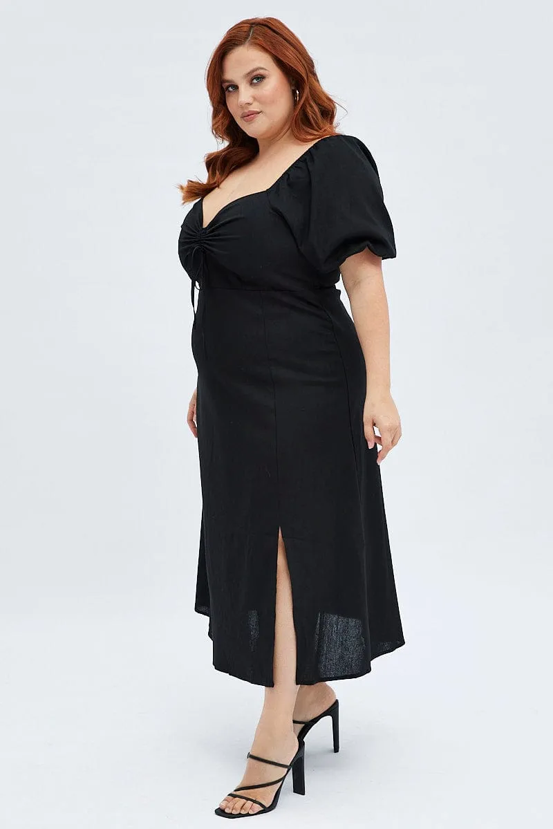 Black Midi Dress Fitted Drawstring Front Puff Sleeve Wrap-Style Guest Glam
