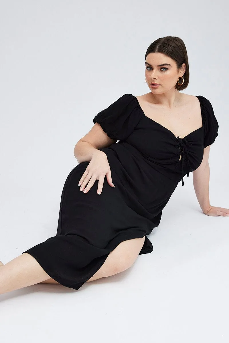 Black Midi Dress Lace Up Crinkle Short Sleeve Urban Touch Adjustable Straps