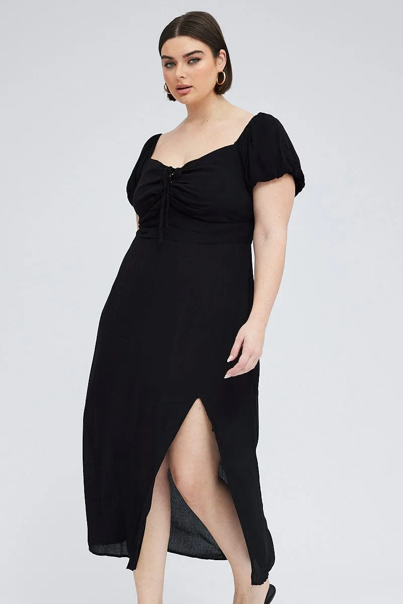 Cozy Balance Black Midi Dress Lace Up Crinkle Short Sleeve