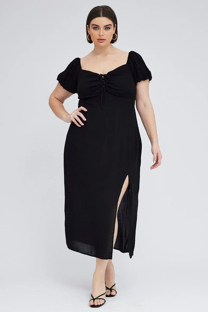 Sleeve Light Black Midi Dress Lace Up Crinkle Short Sleeve