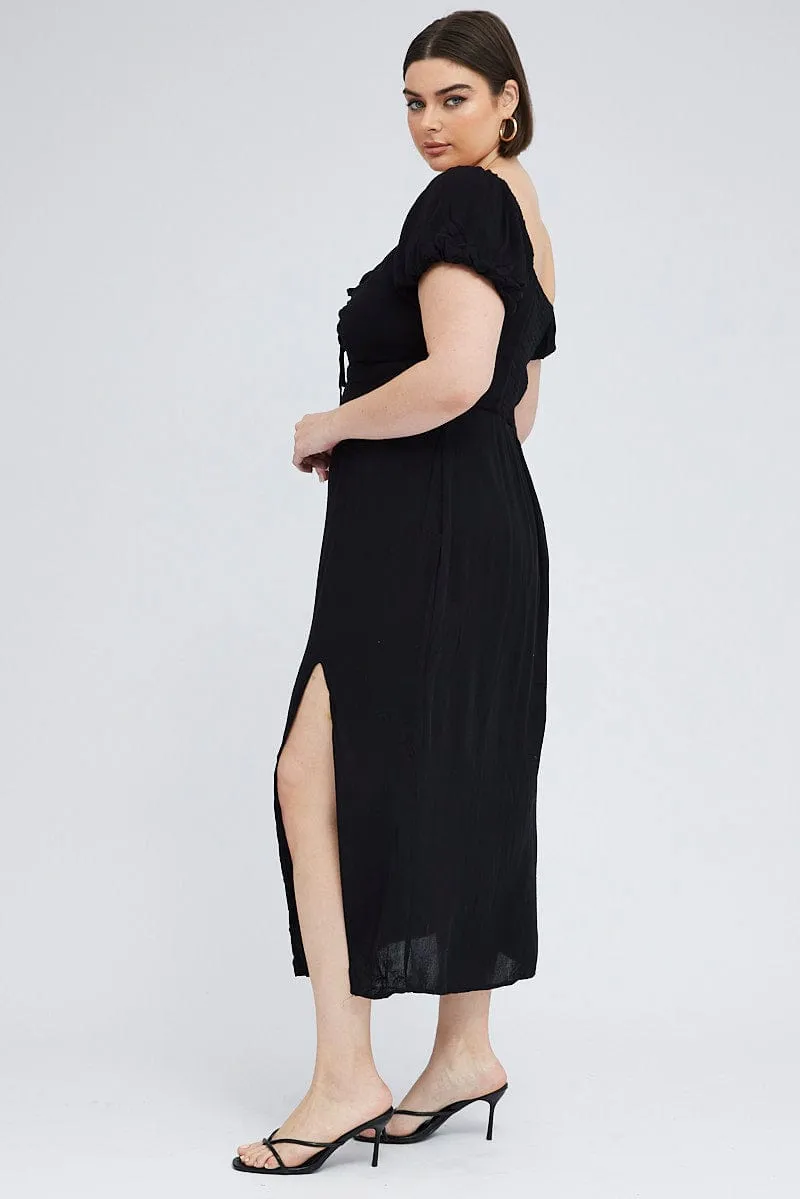 Bloom Zone Black Midi Dress Lace Up Crinkle Short Sleeve