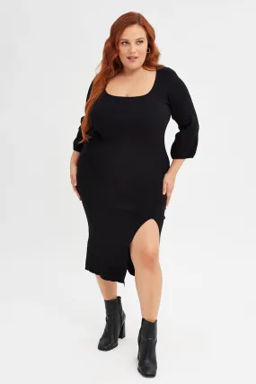 Black Midi Dress Long Balloon Sleeve Sexy Split Knit Perfect Layering
