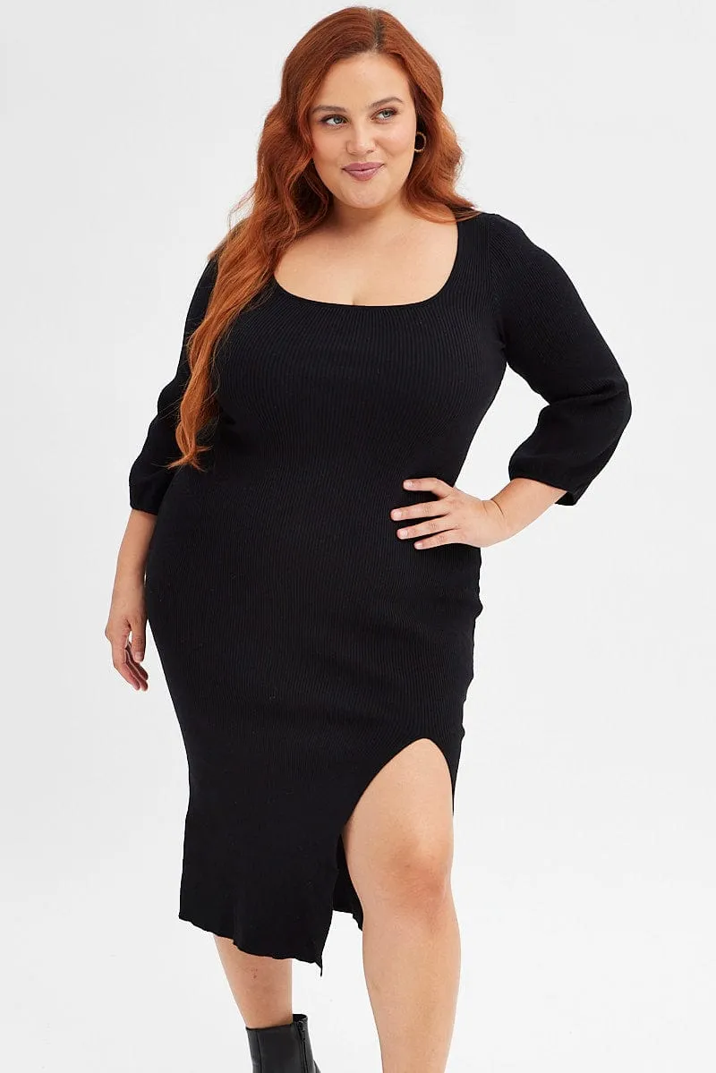 Black Midi Dress Long Balloon Sleeve Sexy Split Knit Confident Touch
