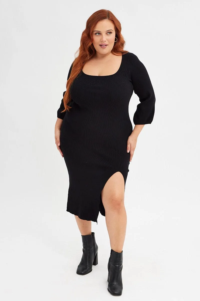 Black Midi Dress Long Balloon Sleeve Sexy Split Knit Perfect Layering